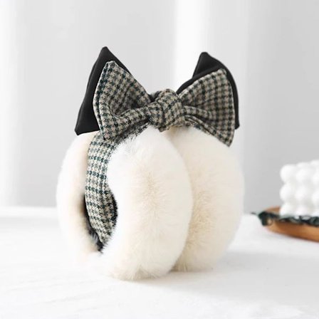 Houndstooth-ternede plys ørevarmere med sløjfe til kvinder, nye vintervarme fluffy ørevarmere, der beskytter mod kulde