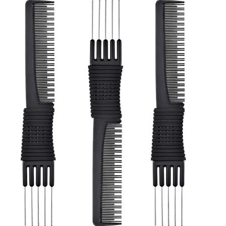 Carbon Lift Teasing Kamme med Metal Tænder, Salon Teasing Kamme, Sort Carbon Kam med Rustfrit Stål Lift (3 stk, Sort)