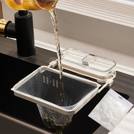 Sugekopp Kjøkkenvask Filterstativ, Vaskefilterkurv, Stativnettpose Avløpskurv Sugekopphylle med 100 Filternettposer (Hvit)