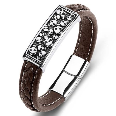 Handmade braided bracelet genuine leather flat with many small skulls