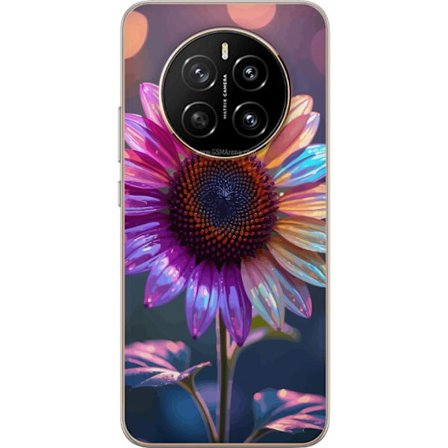 Kompatibelt Mobildeksel til Honor Magic7 Irideserende blomst med glitrende kronblad i rosa lilla og gull mot myk bokeh bakgrunn