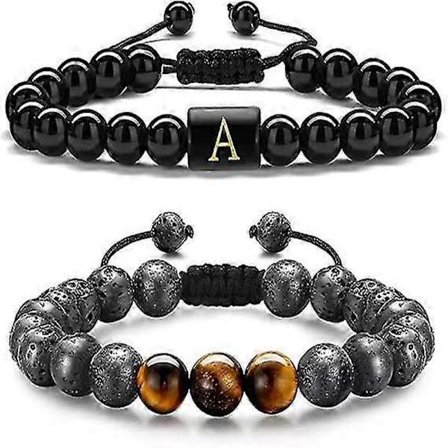 Perlearmbånd for menn, 8 mm Tir Eye Lava St Herre Brev Obsidain Armbånd