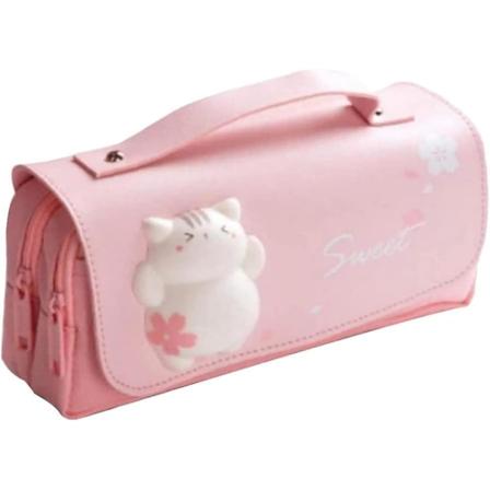 Stor Blyantsæske Sød Kat Pen Opbevaring Organizer Med Håndtag 3 Lag Blyantsæske Blyantsæske