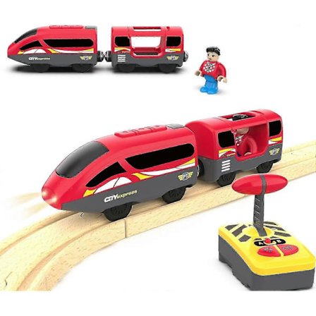 Motoriseret tog til træbane, fjernbetjent tog med magnetisk forbindelse, til småbørn, kompatibelt med Thomas, Brio, rød (LGL)