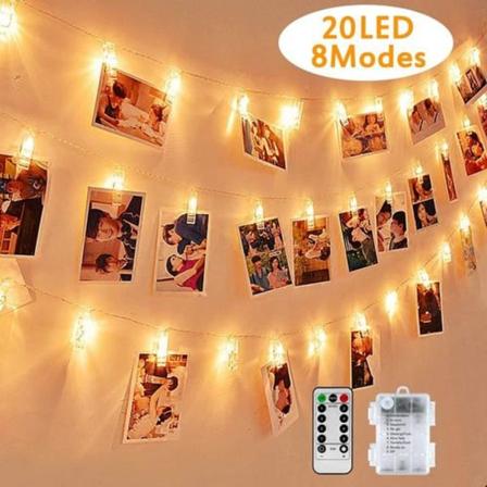 LED-valokuvakeijut, uudelleenkäytettävät 3 metriä/keijut-8 tilaa, 20 valokuvalipasta,
