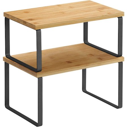 Krydderhylle, sett med 2 skaphylleorganisatorer, utvidbar kjøkkenhylleorganisator, stabelbar krydderholder, metall og konstruert tre, svart