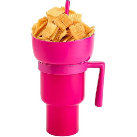 Snack og drikkekop 2 i 1, stadionkrus, snackkopskål med sugerør, genanvendelig snack og drikkekop, stænksikker lækagesikker bærbar snackkop, 2-lags