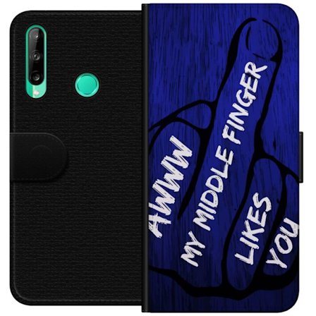 Kompatibelt Lommeboketui til Huawei P40 lite E Mørk typografisk illustrasjon med hjerteform og budskap om vennskap mot dyp blå tretekstur