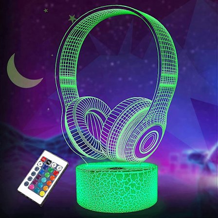 3D Hodetelefon Nattlys, Headset Illusjonslampe med Fjernkontroll + Berøring 16 Farge Blinkende Endring + Timer Bordlamper Barneromsdekor Beste 