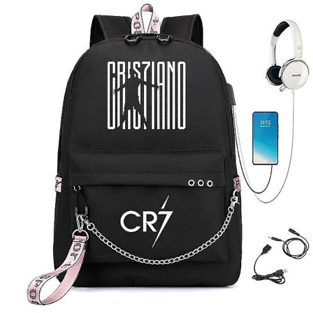 Cr7 Barn Jenter Gutter Skolesekker Kvinner USB Ryggsekk Canvas Tenåringssekk Ryggsekk Student Skoleveske