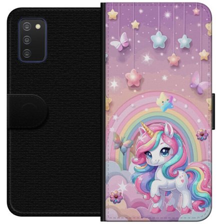 Kompatibel Tegnebogsetui til Samsung Galaxy A03s Magisk enhjørning med regnbue manke, stjerner og sommerfugle mod en pastelfarvet himmel med skyer