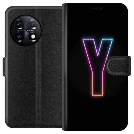 Kompatibelt Plånboksfodral till OnePlus OnePlus 11 Minimalistisk neonbokstav Y i färgskiftande ljus mot svart bakgrund