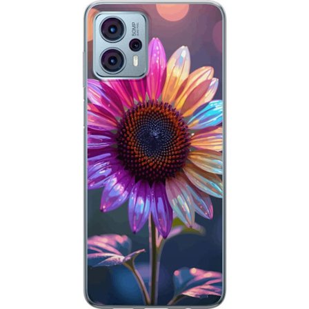Kompatibelt Mobildeksel til Motorola Moto G23 Irideserende blomst med glitrende kronblad i rosa lilla og gull mot myk bokeh bakgrunn