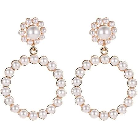 Stora Hängande Örhängen med Hög Ring Svart Vit Pärla Örhänge med Rostfritt Stål Stift Stor Cirkel Loop Örhängen för Kvinnor Flickor Smycken M1: Guld 