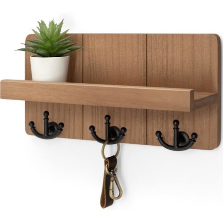 (Retro Brun) Farmhouse Nyckelhållare för Vägg med Hylla: Dekorativ Postorganisatör och Nyckelkrok Väggmontering med 3 Ankarkrokar - Rustik 