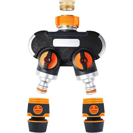 2-tie jakaja: 3/4" ja 1/2" vedenjakaja vesihanojen kanssa, 1/2" letkun pikaliitin