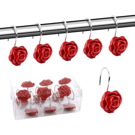 Hem Dekorativa Duschdraperi Krokar, Harts Ros Blomma Dusch Krokar, Badrum Duschstång Gardin Ringar, Set med 12 Krokar (Röd)