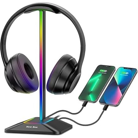 New Bee Hodetelefonstativ, RGB Gaming Hodetelefonstativ med USB Type-C Lader og Dataoverføring, Universalt for Alle Stasjonære Hodetelefoner (Svart)