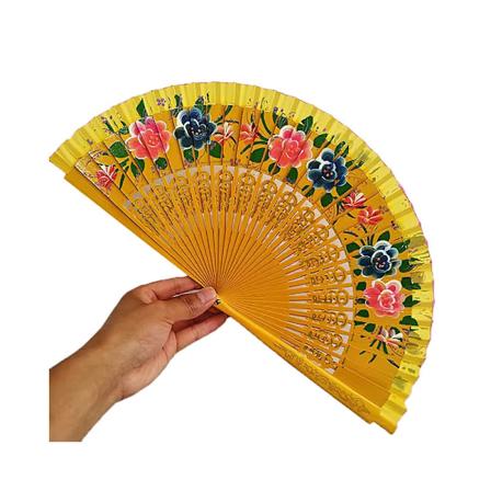Solfjäder - Handmålad i trä - Spansk stil Blommor - Gul Yellow