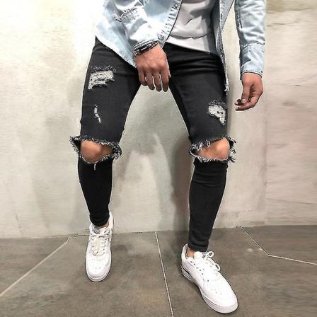 Herre Casual Ripped Skinny Jeans Bukser Casual Distressed Flossede Slim Fit Bukser CMK Black 2XL