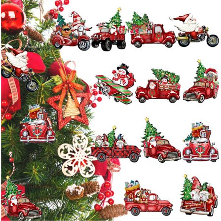 24 st jullastbilar i trä, hängande dekorationer, röda lastbilar i trä för julgransdekorationer med pärlband
