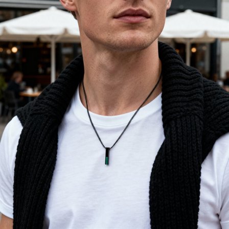 Cruz | Collier en acier inoxydable noir et agate verte pour hommes - Chaînes en acier