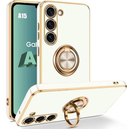 Etui til Samsung Galaxy A15 4G-5G - Hvid - Hybrid silikone stødsikkert ringetui med roterende ringholderbelægning