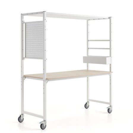 Mobiler Multitisch TEAMWORK, Zubehörbox, Werkzeugpaneel, weiß/esche