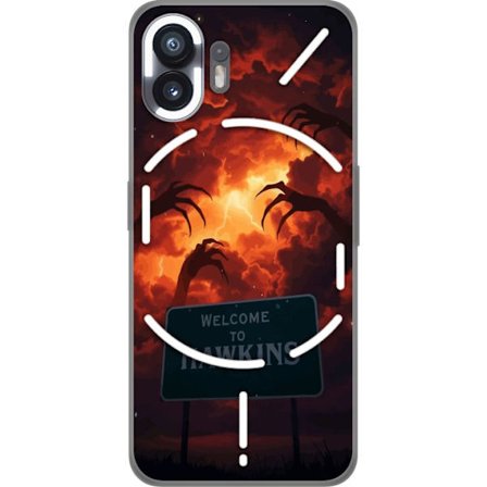 Kompatibelt Mobildeksel til Nothing Nothing Phone (2) Mørkt skrekkmotiv med røde tordenklokker og truende hender over Hawkins-skiltet dramatisk myst