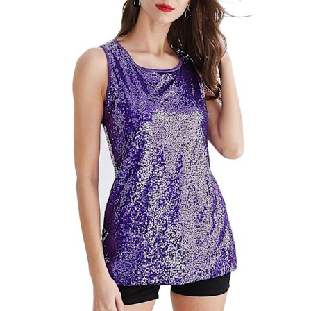Dame Paillet Top Ensfarvet Paillet Dekoration Ærmeløs Rund Hals Pullover Scene Show Glitter Foto Prop Camis Dame Vest Til Festen
