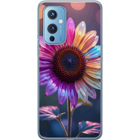 Kompatibelt Mobildeksel til OnePlus 9 Irideserende blomst med glitrende kronblad i rosa lilla og gull mot myk bokeh bakgrunn