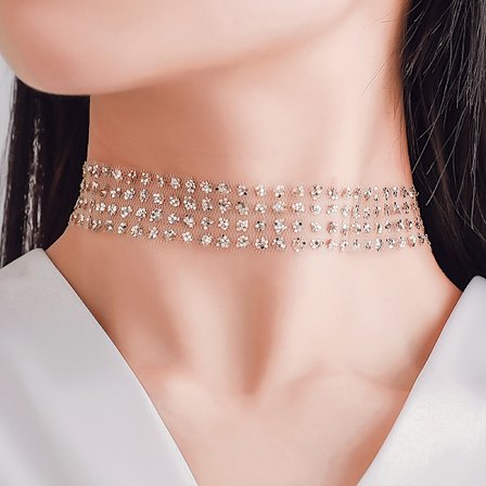 Rhinestones Choker Shinny Sequin Bröllop Muslin Halsband (Silver)