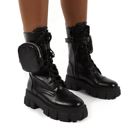 Kvinnliga Pocket Lace Up Boots Spänne Strap Chunky Pouch Ankel V