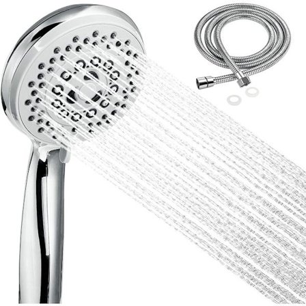 Duschhuvud med 2m slang, handdusch med högt tryck med 5 spraytyper, vattenbesparande duschhuvud med 2m rostfri stålslang, duschhuvud ett