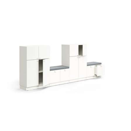 Storage unit QBUS, 2 cabinets + 2 storage benches, base frame, handles, 1252x3200x420 mm, white, gre