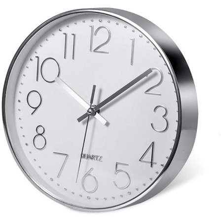 Ensiluokkainen hopeinen seinäkello, seinäkoriste, moderni hiljainen seinäkello kotitoimistoon keittiöön (25 cm, hopea)