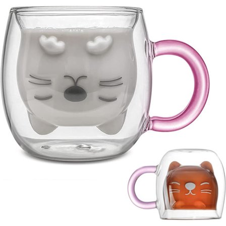 Söt katt kaffekopp, djur dubbelväggig glas tekopp, Alla hjärtans dag påsk, present till kvinnlig fru och mamma