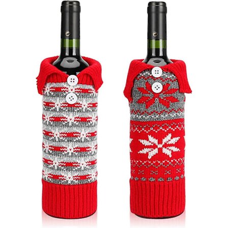 Sett med 2 Jule Vinflaske Trekkposer, Jule Vinflaske Trekk Strikkede Jule Vinflaskeposer for Julefestival Høytidsbord Dekor y