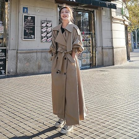 Dame trenchcoat løs oversize lang jakke Dobbeltradet bælte damekappe grå vindjakke