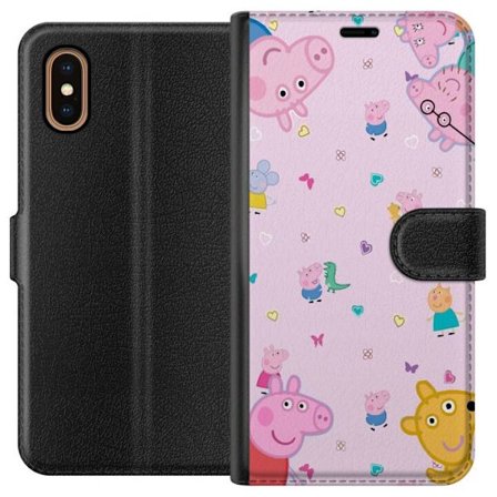 Kompatibel Tegnebogsetui til Apple iPhone XS Max Peppa Gris med en baby i armene, morgris motiv i farverig og blød børneillustration med hjerter