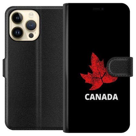Kompatibelt Plånboksfodral till Apple Apple iPhone 14 Pro Max Grafisk lönnlövssymbol i rött mot svart bakgrund med tydlig Kanadareferens och minim