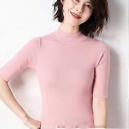 Cashmere Turtleneck Kortærmet Strikket Pullover Tee Base T Uld Cashmere Sweater til Kvinder (XXL pink)
