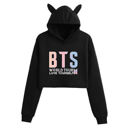 Hot Rea Ungdomsgrupp Samma Dol Utskrift Mode Trend Öppen Navel Cat Ear Plysch Hoodie black A