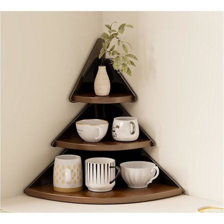 3-vånings hörnbokhylla - platsbesparande hylla i massivt trä för små utrymmen, vintagebrun för sovrum, hemmakontor, kök