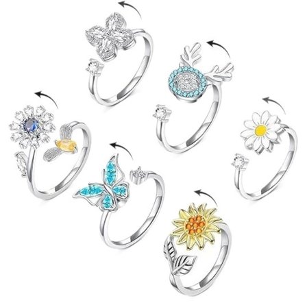6 st Ångestringar för Fidget, Justerbara Ringar Set, Justerbara Ringar, Fidget Ringar, Pärlband för Kvinnor, Stapelbara