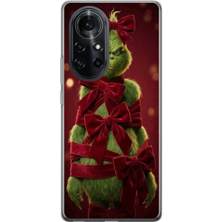 Yhteensopiva Puhelinkuori Huawei Huawei nova 8 Pro Grinchi-hahmo koristeltu punaisilla samettinauhoilla juhlavassa studiossa, leikkisällä ja humoris