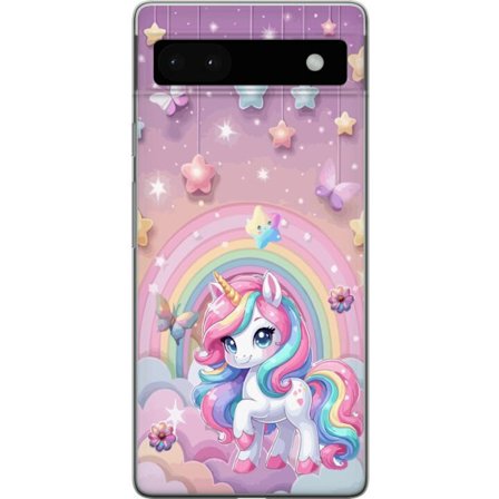 Kompatibel Mobilcover til Google Pixel 6a Magisk enhjørning med regnbue manke, stjerner og sommerfugle mod en pastelfarvet himmel med skyer