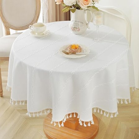 Texturerad rund bordsduk i tyg, broderad skrynkelfri bordsduk med tofsar, maskintvättbar bordsduk (vit, rund 55" diameter)