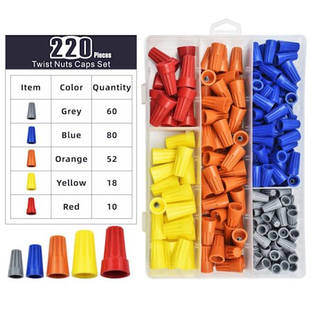 220 kappaletta johtoliitäntähattuja, liittimet sähköjohtoliittimet PP-ruuvit, johdinliitinkappaleiden liittimet jousihatut laatikolla