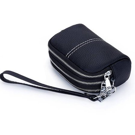 Plånbok med trippelvikt dragkedja i äkta läder med flera fack